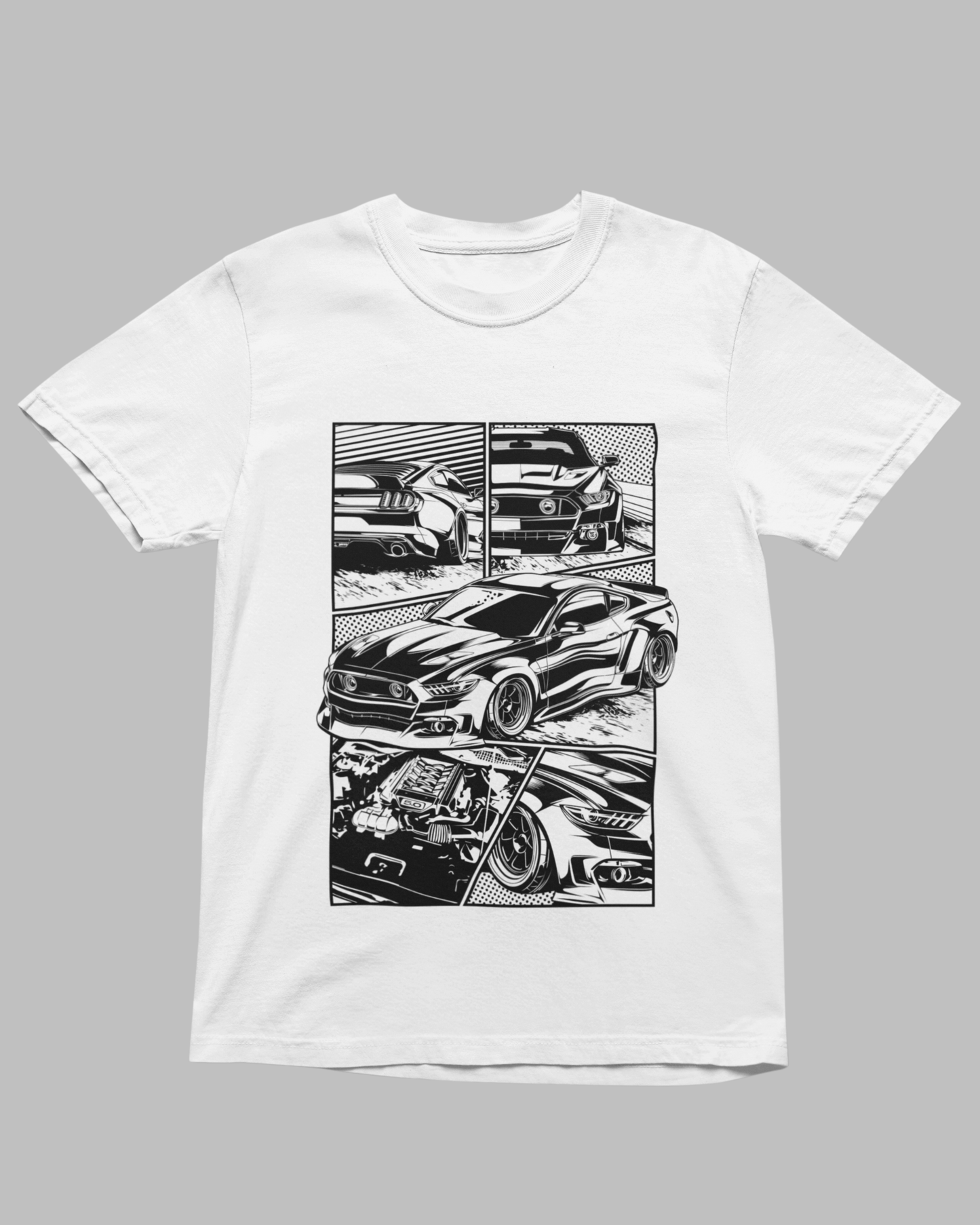 Camiseta Mustang branca e cinza